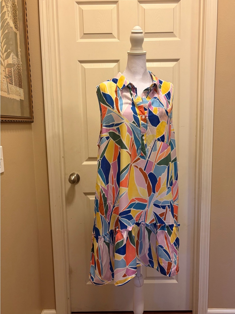 Time and Tru Multi-Color Sleeveless Button-Front Ruffle Hem Mini Dress - Picture 2 of 6